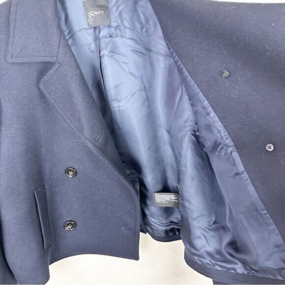 Theory Wool Navy Double Breasted Crop Trench Coat Jacket Size 16 - Picture 5 of 6